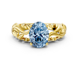 Yellow gold Fancy Blue Oval  Solitaire Diamond Leaf Vine Band with Prong Setting_46