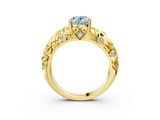 Yellow gold Fancy Blue Oval  Solitaire Diamond Leaf Vine Band with Prong Setting_49