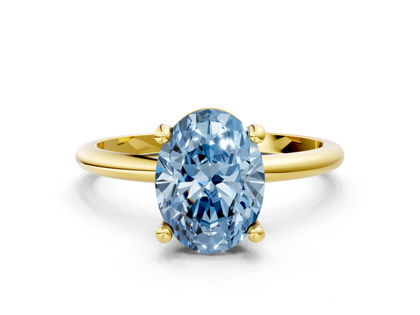 Yellow gold Fancy Blue Oval  Solitaire Diamond Ring with 4-Prong Setting on a Classic Band