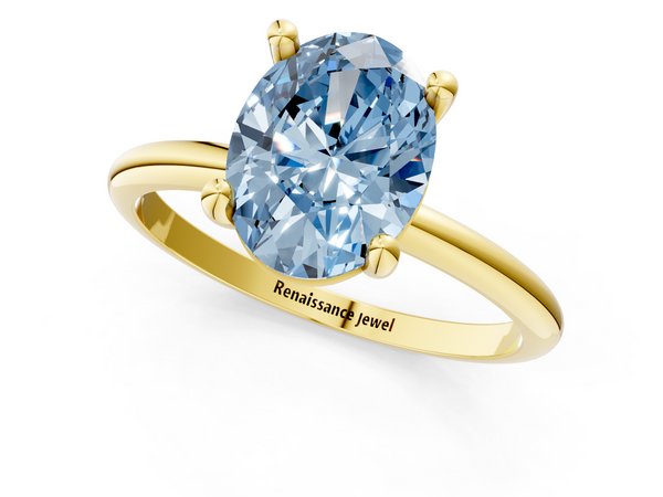 Yellow gold Fancy Blue Oval  Solitaire Diamond Ring with 4-Prong Setting on a Classic Band
