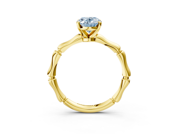 Yellow gold Fancy Blue Oval  Solitaire Diamond Ring with Bamboo Band and Four-Prong Setting