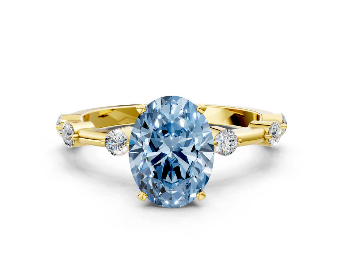 Yellow gold Fancy Blue Oval  Solitaire Diamond Ring with Bezel Set Side Stones and Prong Setting_3