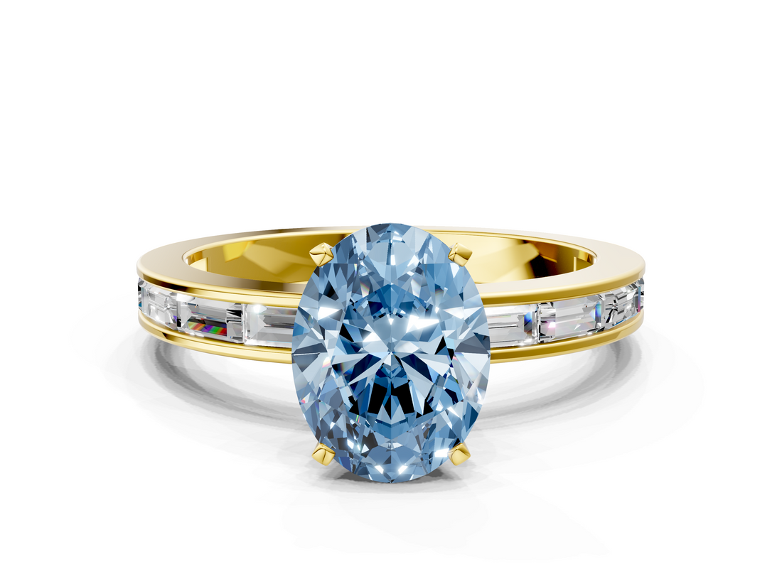 Yellow gold Fancy Blue Oval  Solitaire Diamond Ring with Channel-Set Baguette Band and Four-Prong Setting_49