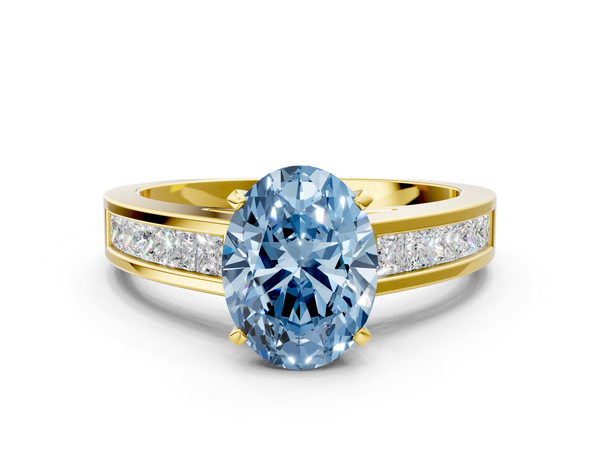 Yellow gold Fancy Blue Oval  Solitaire Diamond Ring with Channel-Set Band and Four-Prong Setting