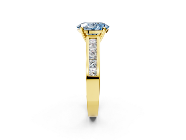Yellow gold Fancy Blue Oval  Solitaire Diamond Ring with Channel-Set Band and Four-Prong Setting