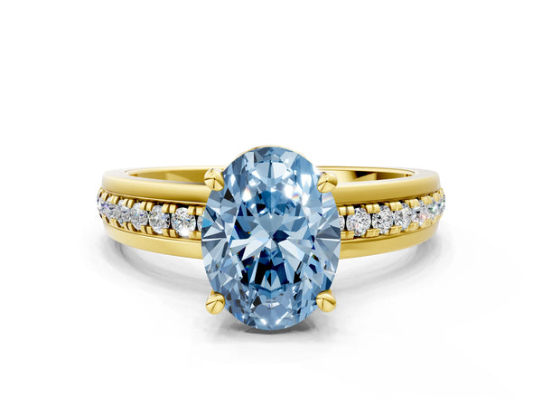 Yellow gold Fancy Blue Oval  Solitaire Diamond Ring with Channel Set Band and Six-Prong Setting