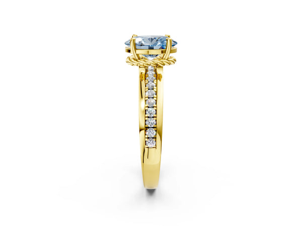 Yellow gold Fancy Blue Oval  Solitaire Diamond Ring with Channel Set Band and Six-Prong Setting