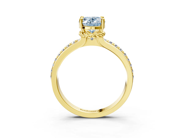 Yellow gold Fancy Blue Oval  Solitaire Diamond Ring with Channel Set Band and Six-Prong Setting