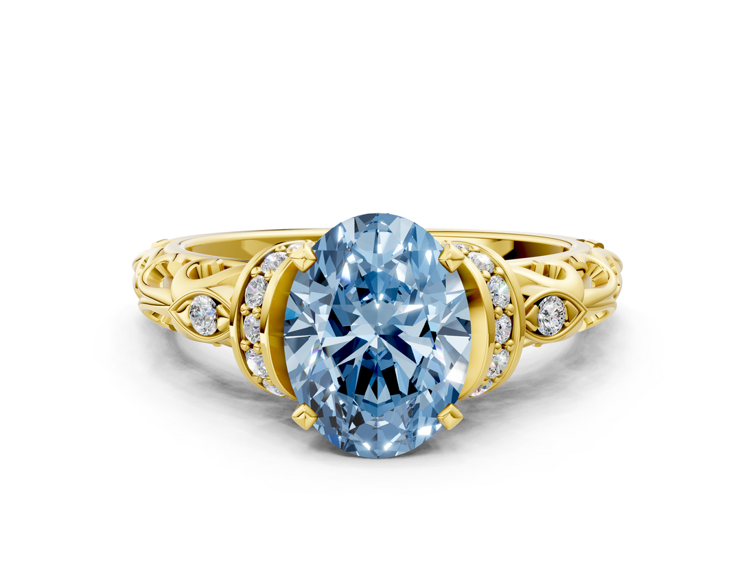 Yellow gold Fancy Blue Oval  Solitaire Diamond Ring with Filigree Band and Four-Prong Setting_58