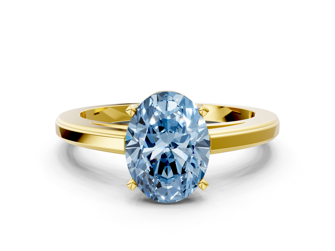 Yellow gold Fancy Blue Oval  Solitaire Diamond Ring with Four-Prong Setting and Classic Band_3