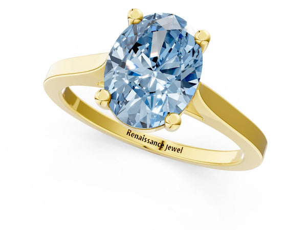Yellow gold Fancy Blue Oval  Solitaire Diamond Ring with Four-Prong Setting and Tapered Band