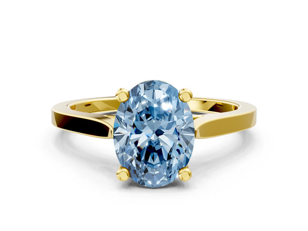 Yellow gold Fancy Blue Oval  Solitaire Diamond Ring with Four-Prong Setting and Tapered Band