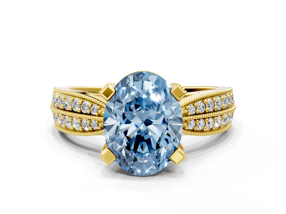 Yellow gold Fancy Blue Oval  Solitaire Diamond Ring with Milgrain Pavé Band and Four-Prong Setting_20