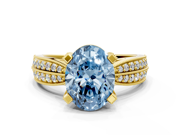 Yellow gold Fancy Blue Oval  Solitaire Diamond Ring with Milgrain Pavé Band and Four-Prong Setting