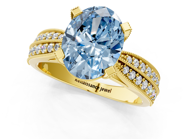 Yellow gold Fancy Blue Oval  Solitaire Diamond Ring with Milgrain Pavé Band and Four-Prong Setting