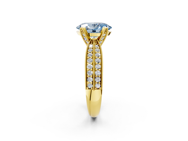 Yellow gold Fancy Blue Oval  Solitaire Diamond Ring with Milgrain Pavé Band and Four-Prong Setting
