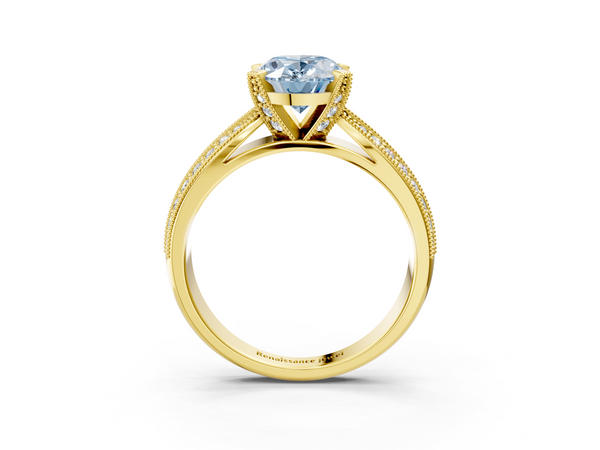 Yellow gold Fancy Blue Oval  Solitaire Diamond Ring with Milgrain Pavé Band and Four-Prong Setting