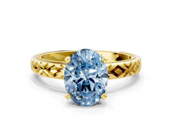 Yellow gold Fancy Blue Oval  Solitaire Diamond Ring with Milgrain and Black Enamel X Pattern Band