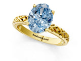 Yellow gold Fancy Blue Oval  Solitaire Diamond Ring with Milgrain and Black Enamel X Pattern Band_181