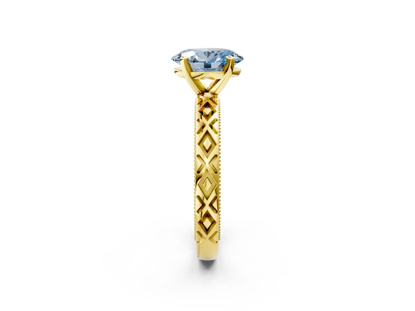 Yellow gold Fancy Blue Oval  Solitaire Diamond Ring with Milgrain and Black Enamel X Pattern Band