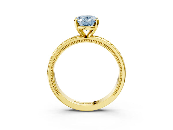 Yellow gold Fancy Blue Oval  Solitaire Diamond Ring with Milgrain and Black Enamel X Pattern Band
