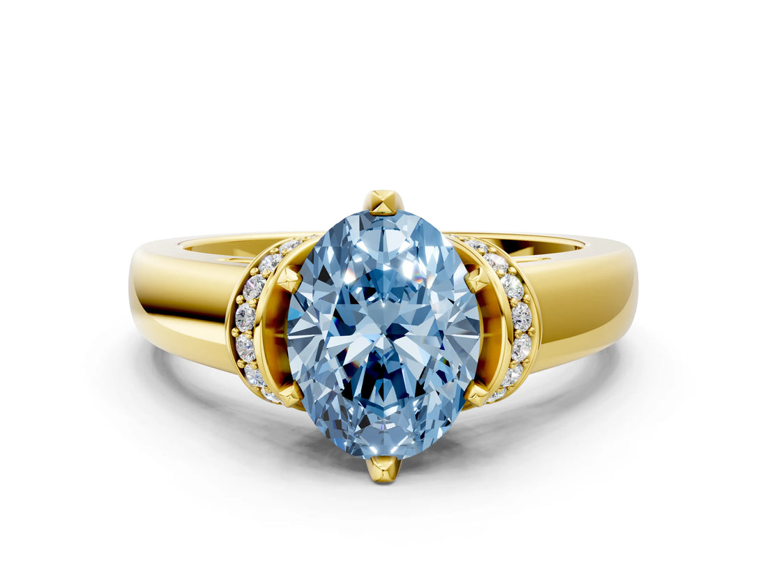 Yellow gold Fancy Blue Oval  Solitaire Diamond Ring with Pave Band and Six-Prong Setting_31