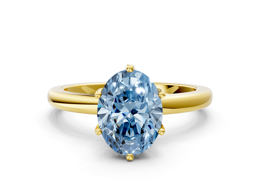 Yellow gold Fancy Blue Oval  Solitaire Diamond Ring with Six-Prong Setting on a Classic Band