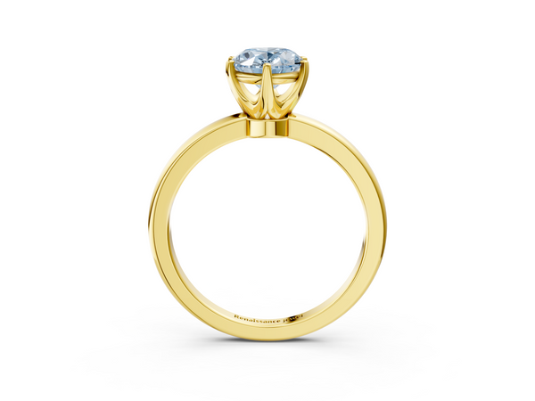Yellow gold Fancy Blue Oval  Solitaire Diamond Ring with Six-Prong Setting on a Classic Band