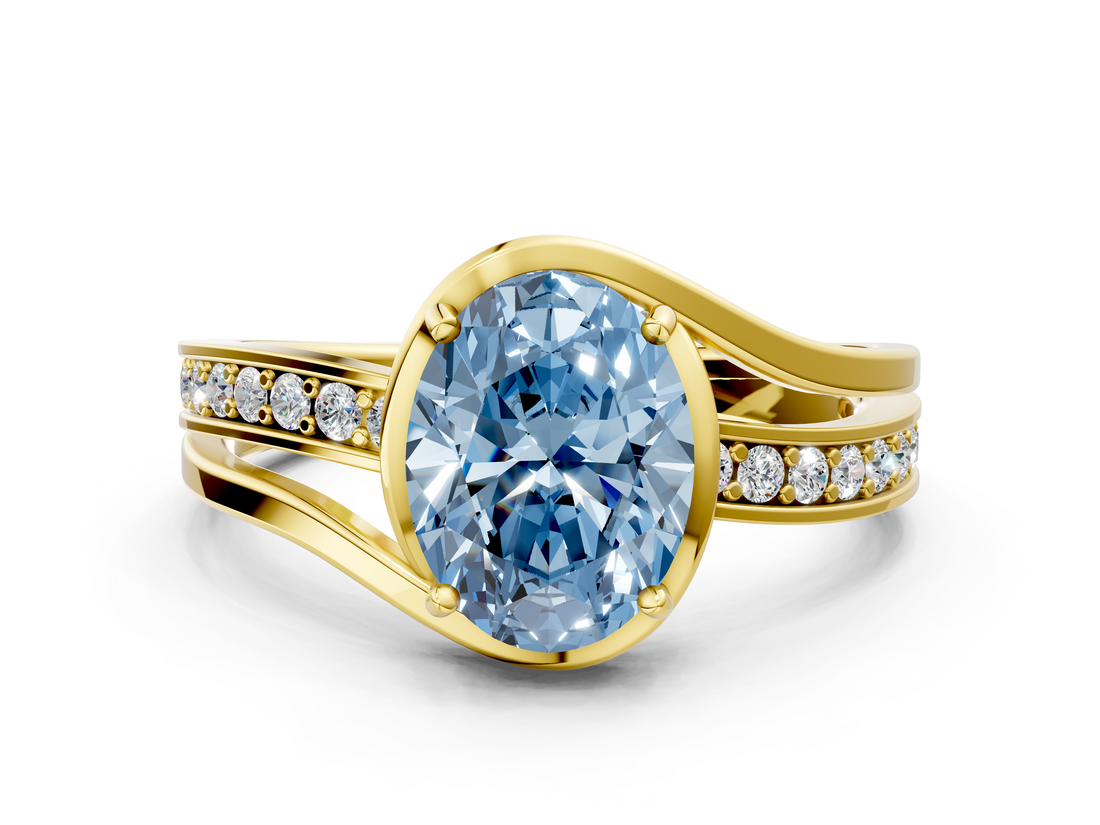 Yellow gold Fancy Blue Oval  Solitaire Diamond Ring with Split Shank and Prong Setting_40