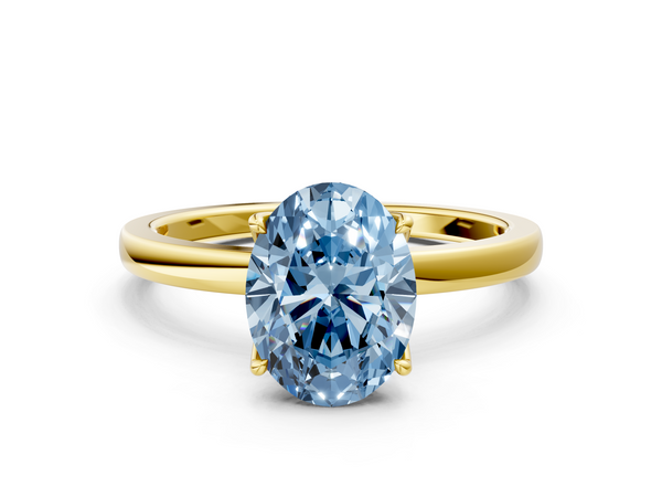 Yellow gold Fancy Blue Oval  Solitaire Diamond Ring with Thin Band and Four-Prong Setting