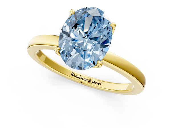 Yellow gold Fancy Blue Oval  Solitaire Diamond Ring with Thin Band and Four-Prong Setting
