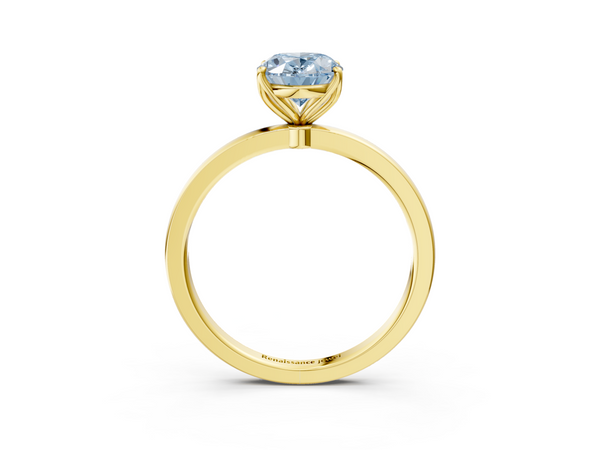 Yellow gold Fancy Blue Oval  Solitaire Diamond Ring with Thin Band and Four-Prong Setting