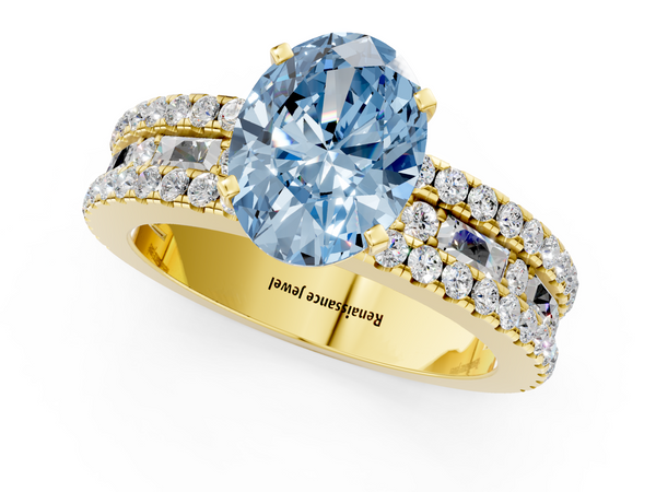 Yellow gold Fancy Blue Oval Cut Diamond Solitaire Ring with Pavé and Channel Set Band