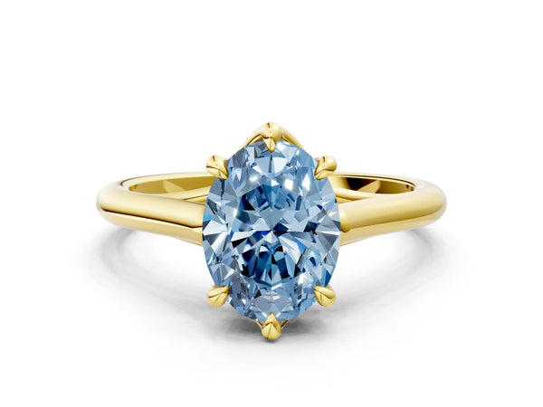 Yellow gold Fancy Blue Oval  Solitaire Engagement Ring with Six-Prong Setting and Classic Band