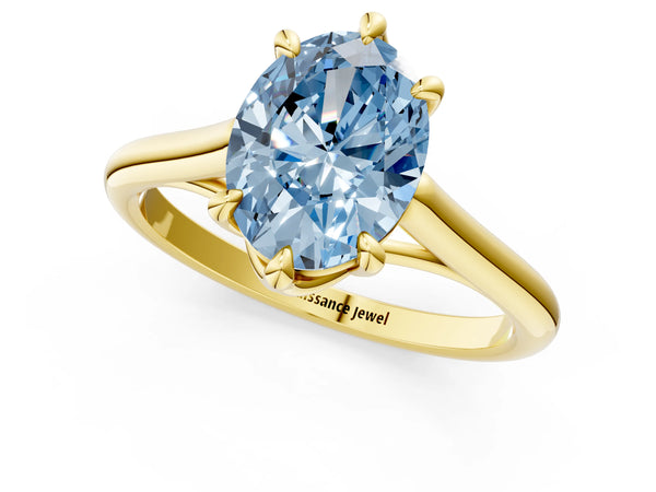 Yellow gold Fancy Blue Oval  Solitaire Engagement Ring with Six-Prong Setting and Classic Band
