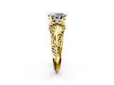 Yellow gold Fancy Blue Oval  Solitaire Filigree Engagement Ring with Halo and Prong Setting_30