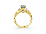 Yellow gold Fancy Blue Oval  Solitaire Filigree Engagement Ring with Halo and Prong Setting_31