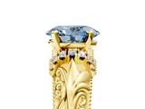 Yellow gold Fancy Blue Oval  Solitaire Filigree Engagement Ring with Halo and Prong Setting_33