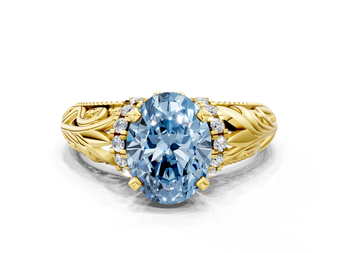 Yellow gold Fancy Blue Oval  Solitaire Filigree Engagement Ring with Halo and Prong Setting_34