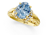 Yellow gold Fancy Blue Oval  Solitaire Filigree Engagement Ring with Halo and Prong Setting_35