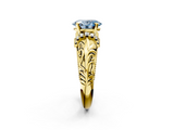 Yellow gold Fancy Blue Oval  Solitaire Filigree Engagement Ring with Halo and Prong Setting_36