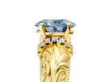 Yellow gold Fancy Blue Oval  Solitaire Filigree Engagement Ring with Halo and Prong Setting_39