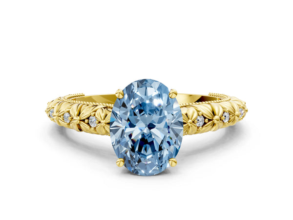 Yellow gold Fancy Blue Oval  Solitaire Floral Milgrain Engagement Ring