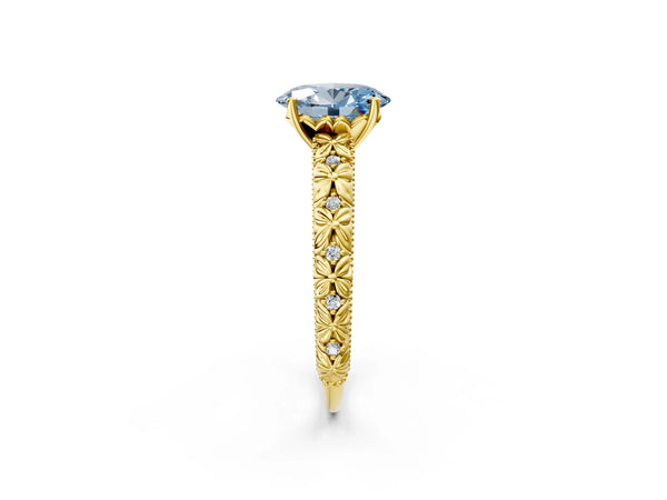 Yellow gold Fancy Blue Oval  Solitaire Floral Milgrain Engagement Ring
