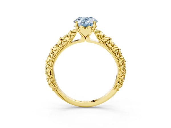 Yellow gold Fancy Blue Oval  Solitaire Floral Milgrain Engagement Ring