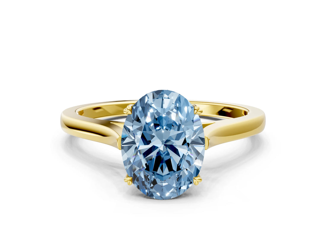 Yellow gold Fancy Blue Oval  Solitaire Heart Prong Engagement Ring with Tapered Band_55