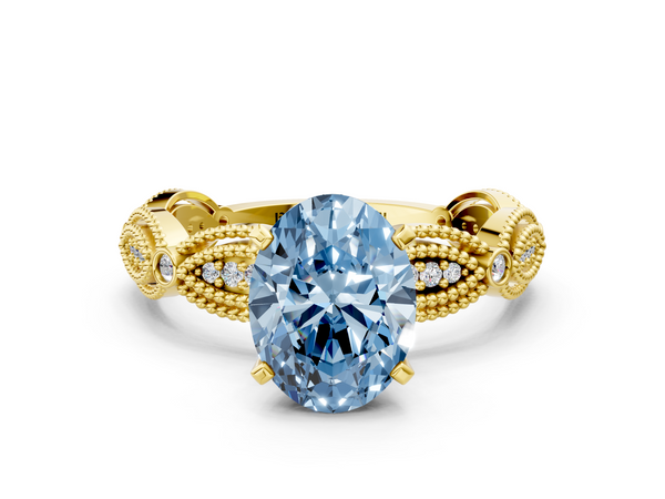 Yellow gold Fancy Blue Oval  Solitaire Milgrain Diamond Engagement Ring with Bezel and Marquise Band