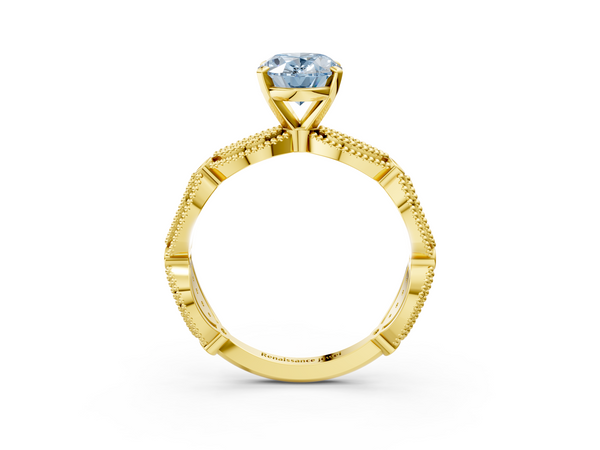 Yellow gold Fancy Blue Oval  Solitaire Milgrain Diamond Engagement Ring with Bezel and Marquise Band