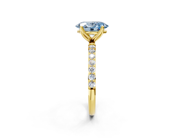 Yellow gold Fancy Blue Oval Cut Diamond Solitaire Engagement Ring with Round  Pavé Band and Prong Setting
