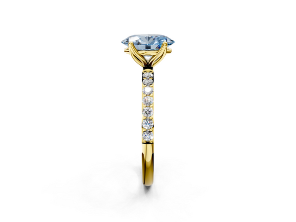 Yellow gold Fancy Blue Oval Cut Diamond Solitaire Engagement Ring with Round  Pavé Band and Prong Setting
